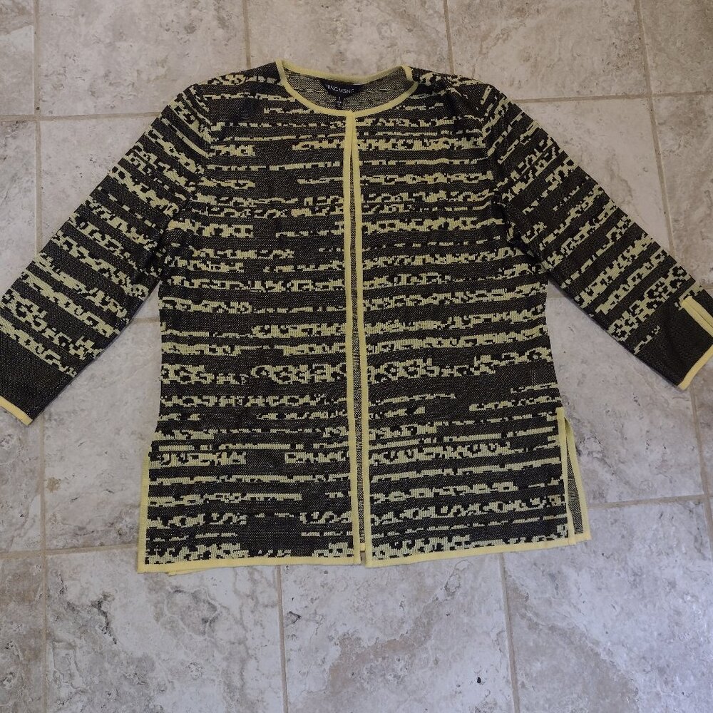 Ming Wang Knit Cardigan Blazer Open Front Slit Sleeve Yellow Black - Picture 4 of 9